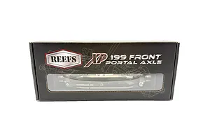 Reefs RC Aluminium XP199 Front Portal Axle Set in its black retail packaging box with a clear display window.