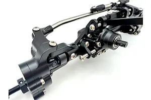 Reefs RC Aluminium XP199 Front Portal Axle Set in black, showing the assembled metal housing and steering linkage against a white background.