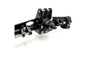 Close-up studio shot of a black aluminium RC rear portal axle set on a clean white background.