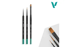 Vallejo Precision Starter Brush Set featuring three synthetic paint brushes with black handles and green tips on a white background.