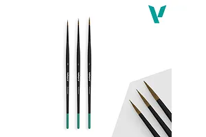Vallejo Pro Modeller detail design brush set of 3 natural hair brushes displayed vertically with a close-up of tips.