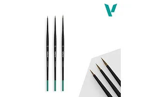 Vallejo Pro Modeller Definition Brush Set featuring three fine-tipped natural hair brushes in sizes 4/0, 3/0, and 2/0.