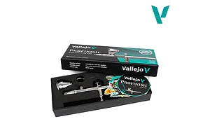 Vallejo Profinish gravity system 2-in-1 professional airbrush in its opened retail box with accessories and stickers against a white background.