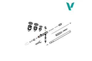 An exploded diagram showing all disassembled parts, components, and tools of the Vallejo Profinish airbrush kit against a white background.