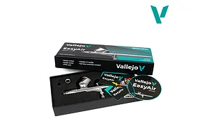 Vallejo Easyair Gravity System 0.3mm airbrush in an open black presentation box with promotional cards and stickers.