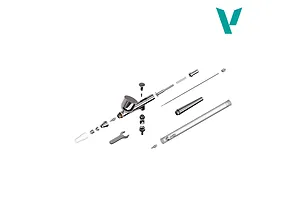 An exploded diagram showing the disassembled parts of a chrome airbrush, including the needle, body, nozzle, trigger, and wrench on a white background.