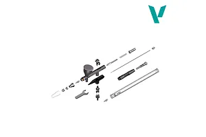 An exploded diagram showing all parts and components of the Vallejo Innovator gravity system airbrush laid out on a white background.