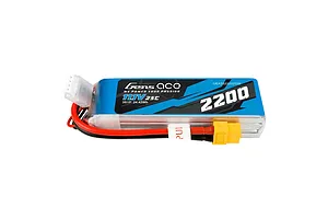 Gens Ace 11.1V 2200mAh 25C soft case LiPo battery with visible wires, white balance plug, and yellow connector.