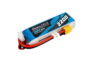 Studio shot of a Gens Ace 11.1V 2200mAh 25C soft case LiPo battery with balance plug and XT60 connector against a white background.