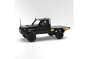 Studio shot of MN Model Toyota LC79 RC rock crawler electric 4WD in black, viewed from the front three-quarters against a white background.