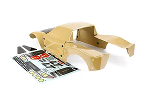 Rovan 1/5 scale painted beige short course body shell with an accompanying decal sheet on a white background.