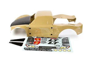 Rovan 1/5 LT painted body shell in Dakar desert tan and black with matching decal sheet and window pieces on a white background.