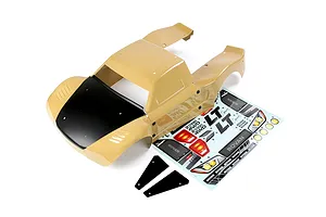 Rovan 1/5 LT painted body shell in tan with a black hood, accompanying decal sheet, and small black accessory parts on white background.