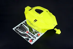 Bright yellow painted body shell for Rovan 1/5 V5 buggy, shown with an included sticker sheet on a dark background.