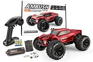 Atrek Ambush Pro 1/10 scale 2WD brushless electric RC monster truck with red body, transmitter, battery, charger, and retail box.