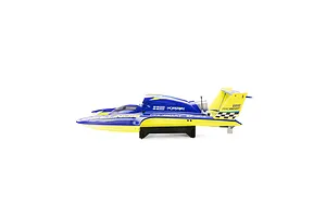 Studio side profile shot of the Pro Boat Miss Illinois U-34 RC boat in blue and yellow livery on a black stand against a white background.
