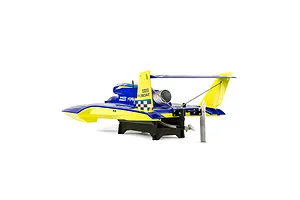 Rear-quarter view of the Pro Boat Miss Illinois U-34 RC boat on a stand against a white background, highlighting its blue and yellow livery, large rear wing, propeller, and rudder.