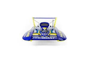 Front view of the Pro Boat Miss Illinois U-34 RC hydroplane boat featuring blue, yellow, and silver livery against a clean white background.