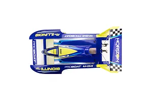 Top down studio view of the Pro Boat Miss Illinois U-34 RC boat featuring blue, yellow, and white livery with a large rear wing.