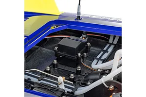 Close-up of the internal electronics compartment and receiver box inside the blue hull of the Pro Boat Miss Illinois RC boat.