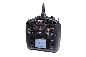 Studio product shot of the Spektrum NX10+ 20ch DSMX transmitter showcasing its dual gimbals, switches, and illuminated screen.