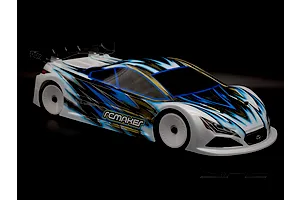RC Maker SP2 EP RC Touring Car painted body shell mounted on chassis against a black background.