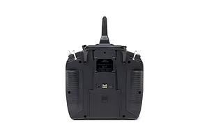 Rear view of Spektrum NX8+ 20ch DSMX transmitter showing the battery compartment, ports, and antenna against a white background.