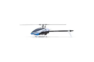 Side view of the Blade InFusion 210 RC Helicopter with blue, white, and black canopy and main rotor blades.