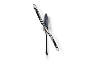 Top-down studio view of the Blade InFusion 210 RC Helicopter showing main rotor blades and tail boom against a white background.