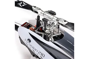 Close-up of the rotor head, swashplate, and mechanics on a Blade InFusion 210 RC helicopter against a white background.