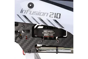 Close-up of the Blade InFusion 210 RC helicopter showing the carbon fiber frame and brushless motor.