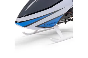Close-up of the front canopy and white landing gear of the Blade InFusion 210 RC Helicopter.