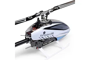 Close-up studio view of the Blade InFusion 210 RC helicopter main rotor head and fuselage with carbon fiber frame.