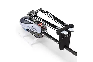 Studio product view of the Blade InFusion 210 RC helicopter with main blades secured in a foam holder against a plain white background.