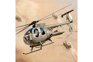 Dynamic box art illustration of an MD 500 Defender military helicopter flying over a desert landscape with tanks.