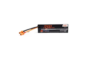 Studio shot of a Spektrum G2 22.2V 7200mAh 120C 6S hard case LiPo battery with wires and connector.