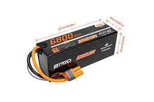 Spektrum G2 Pro Basher 6S LiPo battery with dimension overlays showing length, width, and height against a white background.