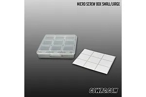 CowRC micro screw box with multiple compartments and a sheet of blank labels against a grey background.