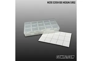 CowRC clear plastic compartmentalized micro screw storage box with a blank label sheet on a gradient background.
