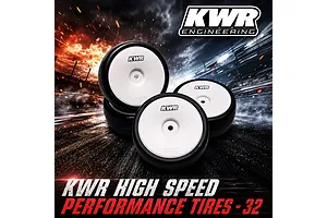KWR 1/10 high-speed competition tyres on white dish rims against a dynamic racetrack background.