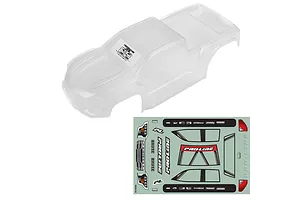 Pro-Line 1/16 Brute clear unpainted body shell and matching sticker sheet on white background