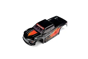 Pro-Line Brute painted body shell for 1/16 RC truck in black with red and orange graphics against a white background.