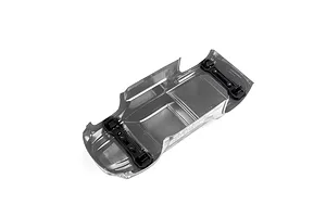 Top-down view of the underside of a black painted RC truck body shell with attached mounting hardware, isolated on a white background.