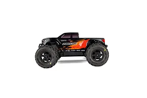 Side profile of a black Pro-Line Brute monster truck body shell installed on an RC chassis against a plain white background.