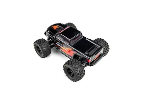 Pro-Line 1/16 Brute Tough painted body shell in black mounted on a small RC monster truck chassis against a white background.