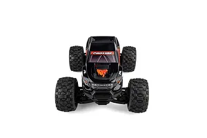 Front view of an RC monster truck fitted with a black Pro-Line Brute painted body shell on a white background.
