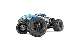 Pro-Line Badlands MX tyres on black Desperado rims installed on an RC monster truck against a white background.