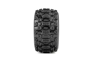 Pro-Line RC monster truck tire shown straight on, highlighting its aggressive tread pattern against a plain white background.