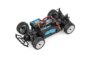 High angle studio shot of the chassis of the Team Associated RC24 Zoom RC rally car, showing internal electronics and battery.