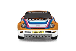 Front studio view of the Team Associated RC24 Zoom RC rally car body, showcasing its orange, white, and blue livery and front bumper detail.
